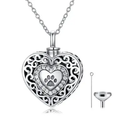 Sterling Silver Round Cubic Zirconia Paw & Heart Urn Necklace for Ashes with Engraved Word