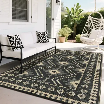 Garvee Waterproof Reversible Outdoor Rug – Plastic Woven Patio Carpet – UV Resistant, Easy to Clean, Vintage Diamond Desi...