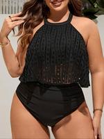 ćPlus Sizeć Two-piece Set Solid Backless Halter Neck Tankini Set, Casual Hollow Out Swim Top & Ruched High Waist Swim Bot...