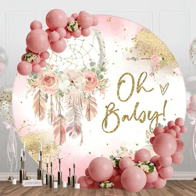 Pink Gold Boho Floral Round Baby Shower Backdrop - Aperturee