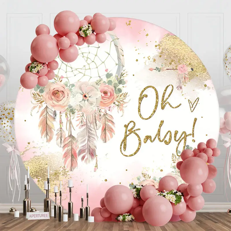 Pink Gold Boho Floral Round Baby Shower Backdrop - Aperturee