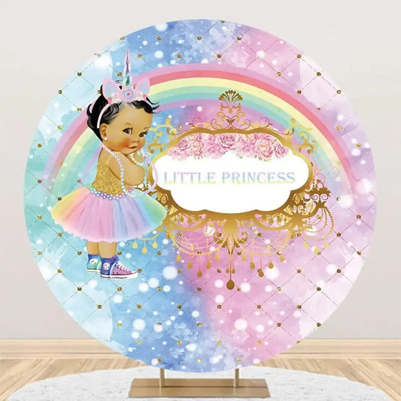 Blue Pink Rainbow Little Princess Round Backdrop