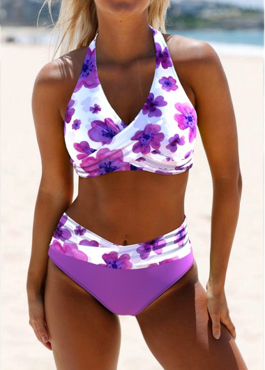 Modlily Criss Cross Floral Print Purple Bikini Set - M
