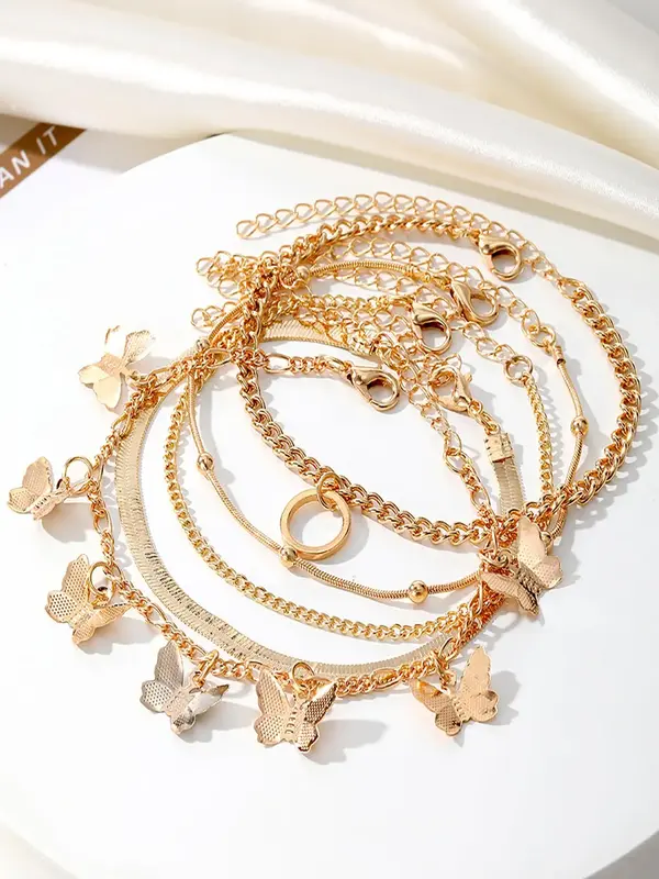 Elegant Butterfly Design Charm Bracelet Bundles Kit, 5pcs/set Minimalist Plain Chain Design Stack Bracelet Set, Streetwear Ma...
