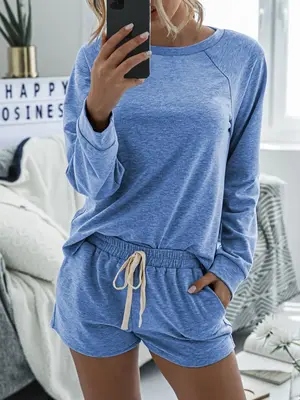 Women's Solid Raglan Sleeve Tee & Drawstring Waist Shorts Loungewear Two-piece Set, Casual Comfy Round Neck Top & Pocket Shor...