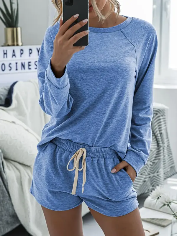 Women's Solid Raglan Sleeve Tee & Drawstring Waist Shorts Loungewear Two-piece Set, Casual Comfy Round Neck Top & Pocket Shor...