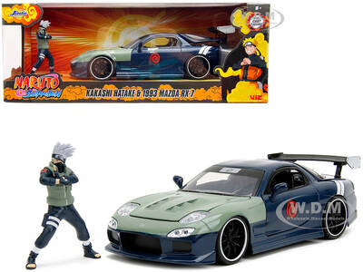 1993 Mazda RX-7 Dark Blue with Green Hood and Kakashi Hatake Diecast Figure \