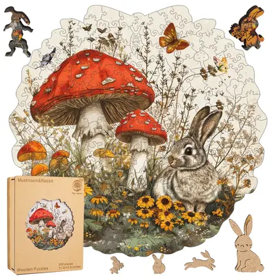 Rabbit & Mushroom Mys Aurora Wooden Jigsaw Puzzle 80 200 300 500 Pcs Unique Shape Wood Box Packing Creative Gift for Adults a...