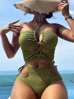 Women's Criss Cross Cut Out Ruched Ribbed Bikini Set, Solid Tie Back Halter Swim Top & High Waist Tie Side Swim Bottom, Bathi...