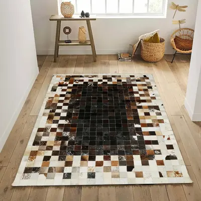 Cream, Brown & Black Checkered Patchwork Cowhide Rug