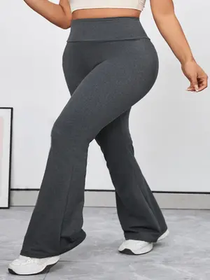ăPlus Sizeă Solid High Waist Flare Leg Sports Leggings, Breathable Wide Waistband Bell Bottom Pants for Yoga Gym, Women's...