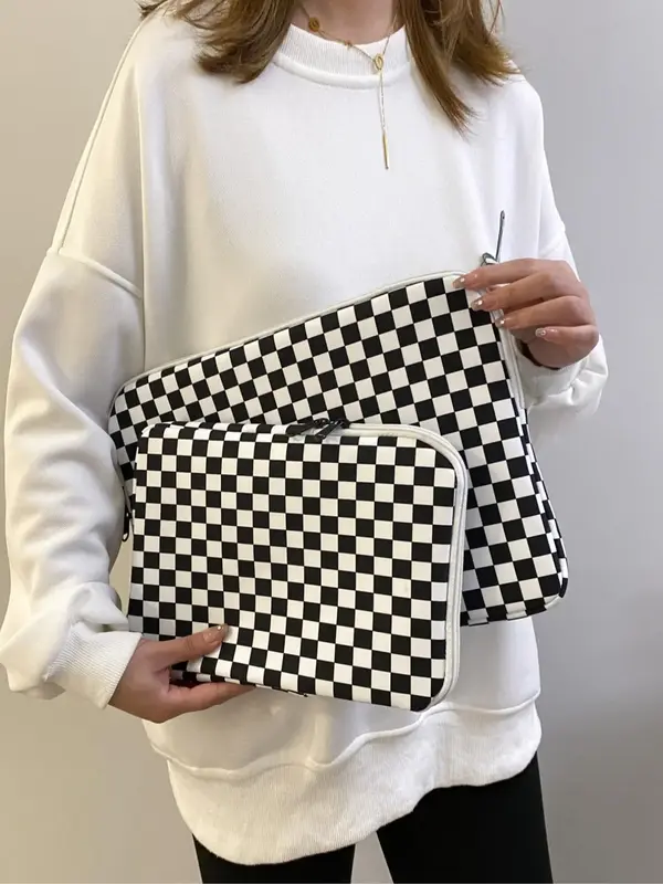 Fashionable Plaid Pattern Zipper Design Laptop Bag, 2025 New Style Casual Versatile Zipper Laptop Bag, Simple Design Durable ...