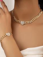 Women's Elegant Rhinestone Decorated Heart Design Pendant Necklace & Bracelet Set, Jewelry for Women, Exquisite Trendy Chain ...