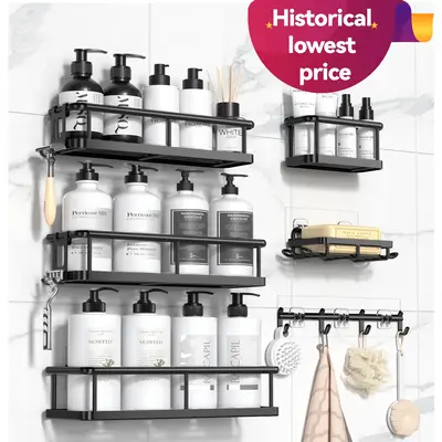YASONIC  Shower Caddy, 5-Piece Set Black bathroom accessories, wall organizer, No Drill Bathroom Shower Organizers With Remov...