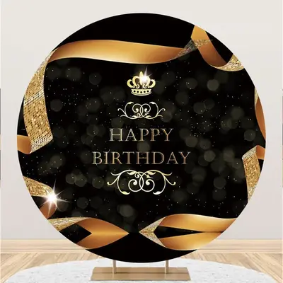 Aperturee Gold Ribbon And Black Happy Birthday Round Backdrop | Circle Backdrop Birthday | Round Backdrop For Birthday | Circ...
