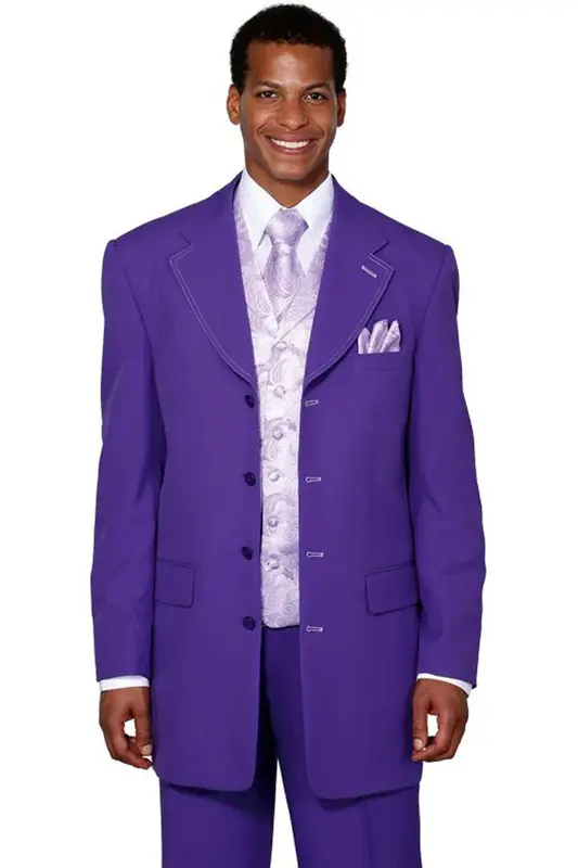Purple Men's Fashion Suit with Paisley Vest - 4 Button Long Vested