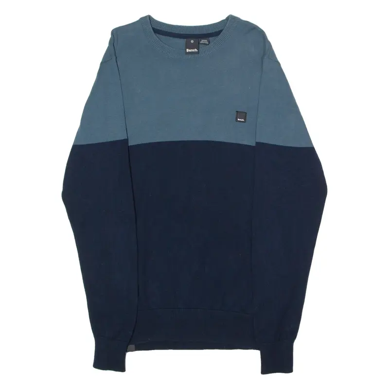 BENCH Mens Patterned Jumper Blue Colourblock Crew Neck Tight Knit XL