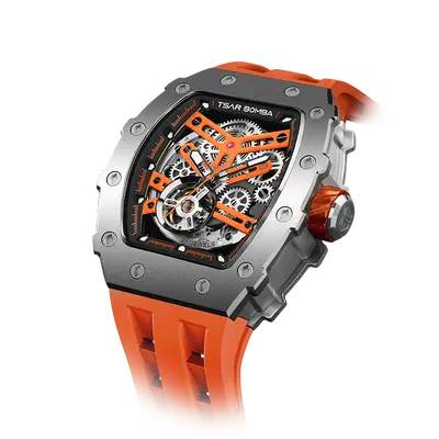 TSAR BOMBA Men's Automatic Watch | Silver Orange | Stainless Steel Case | Japanese Mechanical Skeleton Movement | Luxury Spor...