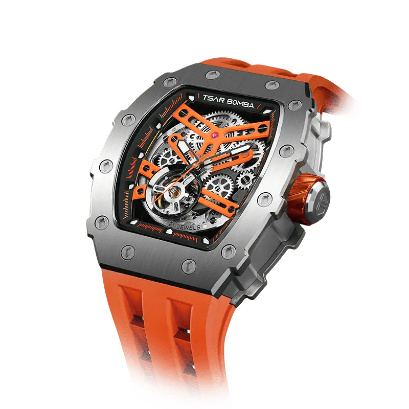 TSAR BOMBA Men's Automatic Watch | Silver Orange | Stainless Steel Case | Japanese Mechanical Skeleton Movement | Luxury Spor...