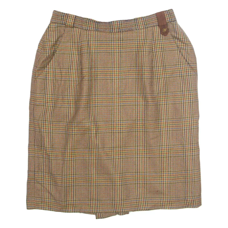 SPORTING CLUB Pocketed Womens Straight Skirt Brown Knee Length Wool Check UK 16