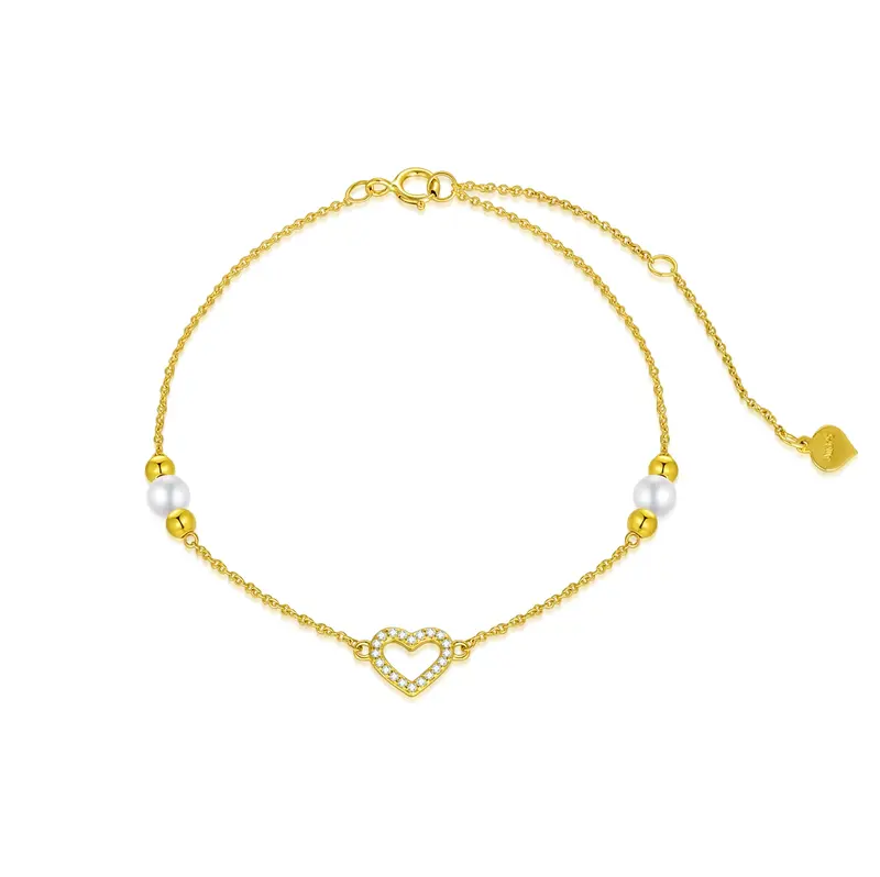 14K Gold Cubic Zirconia & Pearl Heart Charm Bracelet
