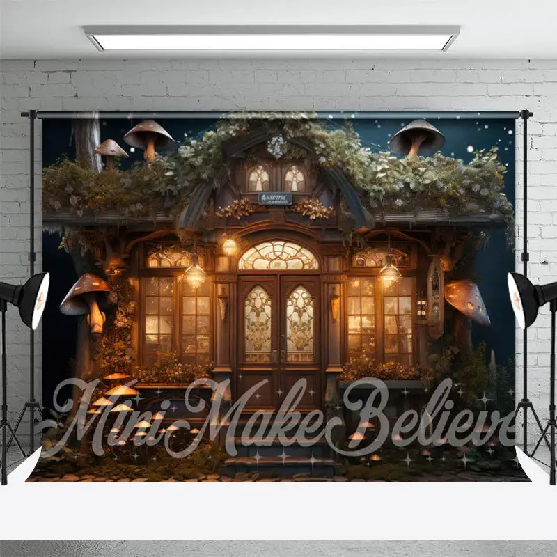 Mushroom Magic Cabin Warm Light Night Photo Backdrop - Aperturee