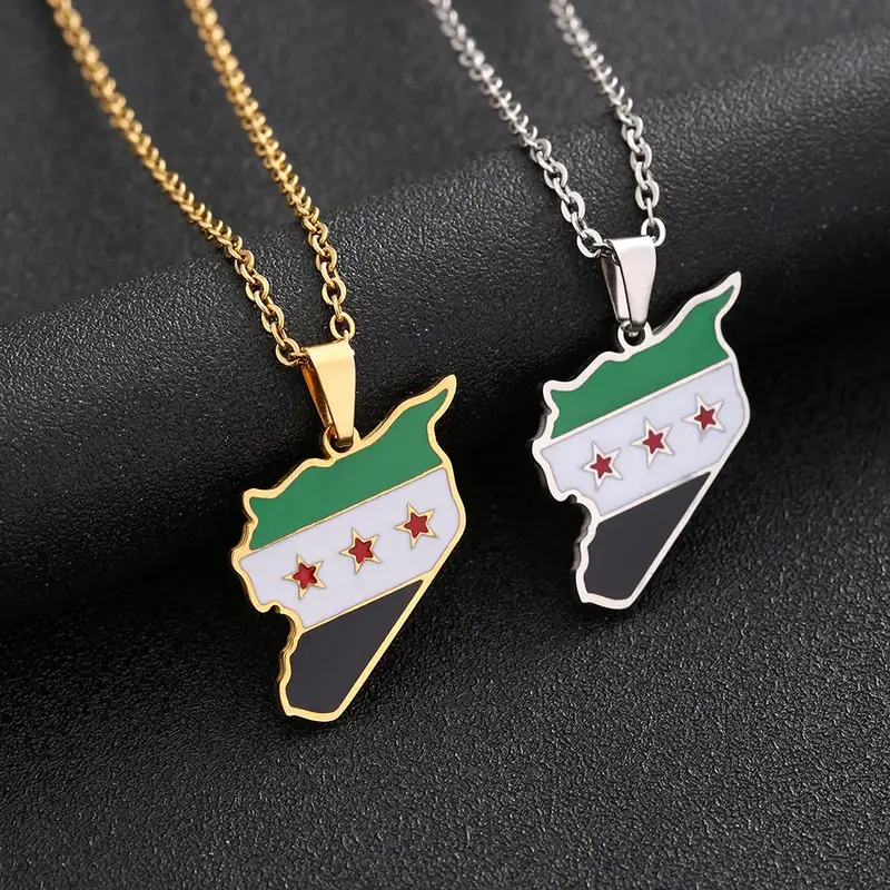 Free Syrian Army map and flag necklace Unisex Couple jewelry Vintage jewelry Oil drop process does not fade