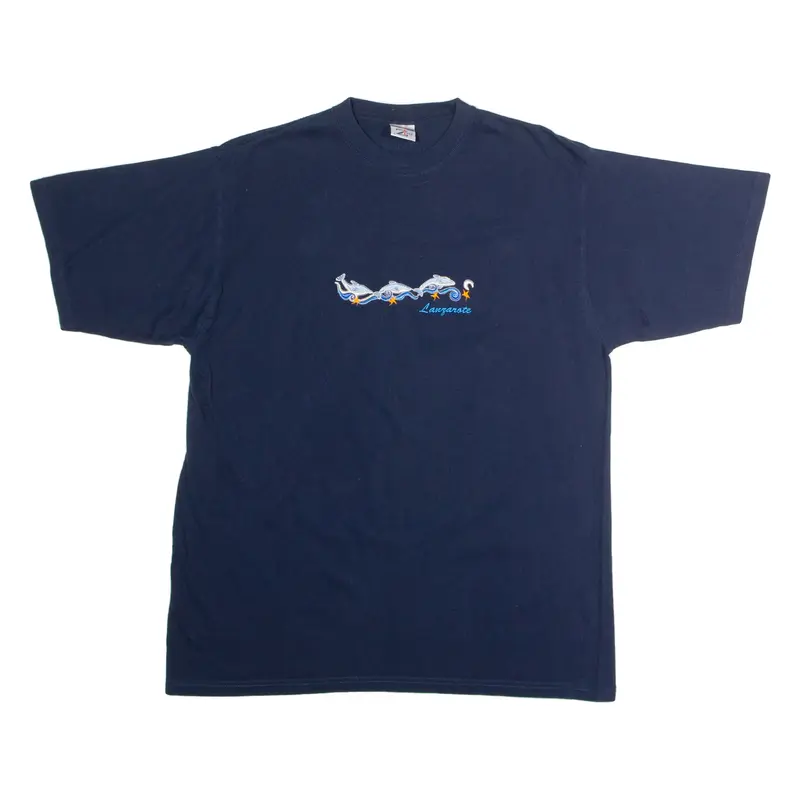 JERZEES Lanzarote Embroidered Tourist Mens T-Shirt Blue 90s Crew Neck L