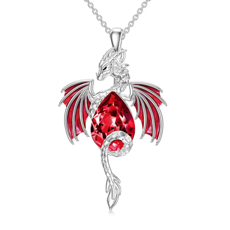 Sterling Silver Pear Shaped Ruby Dragon Crystal Pendant Necklace