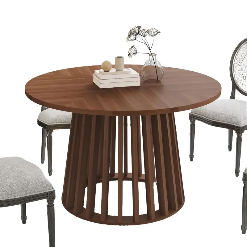 Giratree Round 47 Inch Dining Table for 4, Farmhouse Circle Kitchen Table, Rustic Dinner Table with Wood Strip Base for Dinin...