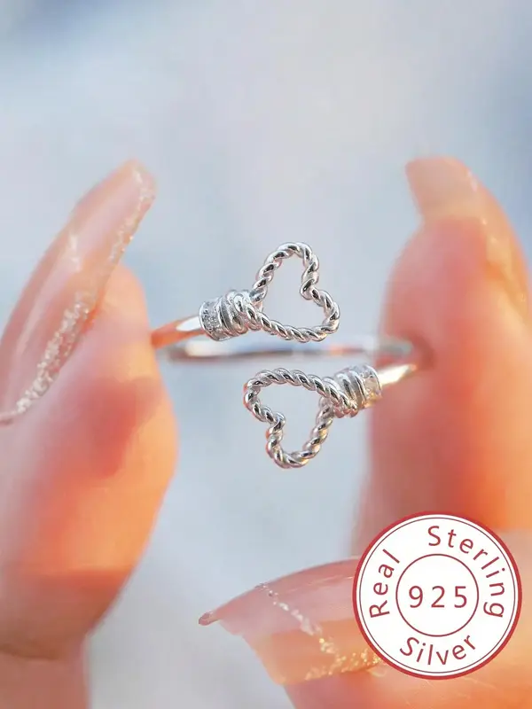 S925 Sterling Silver Women's Elegant Hollow Out Heart Design Cuff Ring, Exquisite Trendy Adjustable Ring, Fashionable Jewelry...