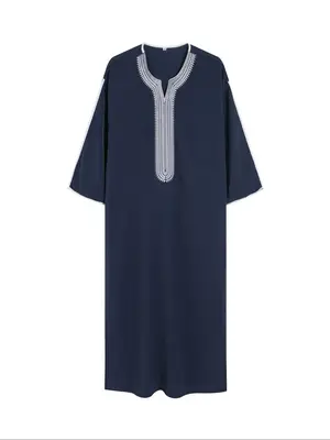 Men's Loose Embroidering Notched Neck Kaftan, Summer Outfits 2024, Casual Short Sleeve Contrast Binding Arabic Clothing, Fash...