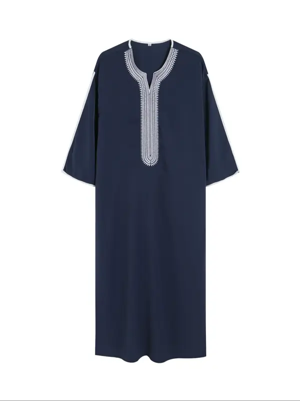 Men's Loose Embroidering Notched Neck Kaftan, Summer Outfits 2024, Casual Short Sleeve Contrast Binding Arabic Clothing, Fash...