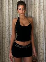 Women's Solid Ring Linked Backless Halter Crop Top & Skirt Two-piece Set, Sexy Fashion Sleeveless Top & Mini Skirt for Club P...
