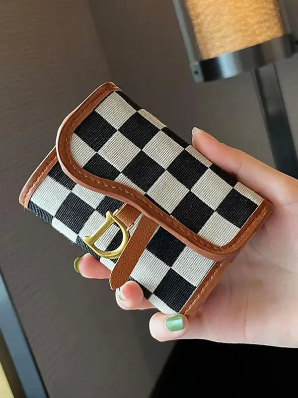 Women's Fashion Plaid Pattern D-letter Buckle  Card Holder, Casual Versatile Card Holder, Elegant Women's Daily Short Wallet