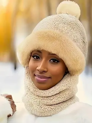 Women's Cute Solid Beanie Hat with Scarf, Thickened Warm Hat for Fall & Winter, Fashion Accessories for Women & Girls