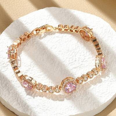 Flat Round Brass Micro Pave Cubic Zirconia Link Chain Bracelets