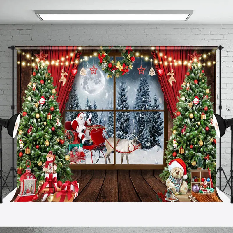 Aperturee Snowy Window Scene Santa Claus Christmas Backdrop - Aperturee