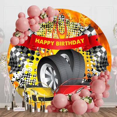 Round Red Yellow Racing Flag Tire Birthday Backdrop - Aperturee