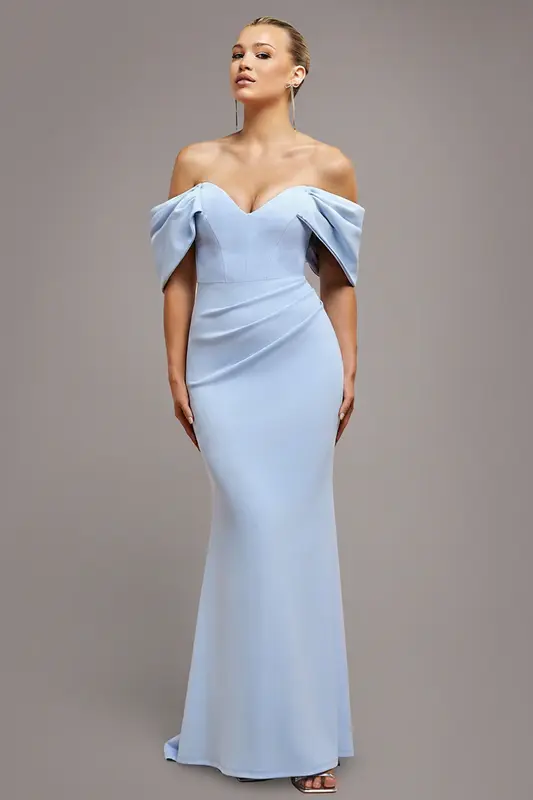 Goddiva Off The Shoulder Draped Sleeve Maxi Dress - Blue