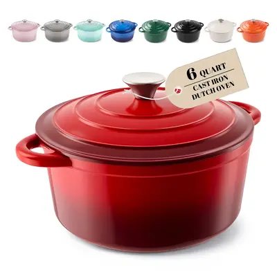 6QT Large Round Cast Iron Enameled Oval Dutch Oven Pot - Heavy-Duty, Non-Stick, Dual Handle, Bread Baking, Cooking, and Servi...