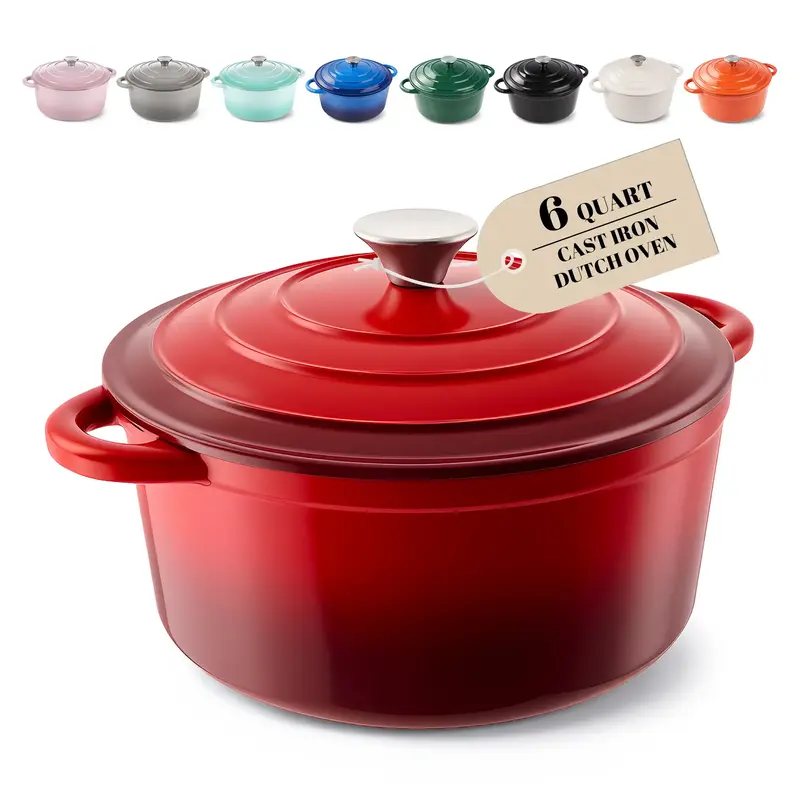 6QT Large Round Cast Iron Enameled Oval Dutch Oven Pot - Heavy-Duty, Non-Stick, Dual Handle, Bread Baking, Cooking, and Servi...