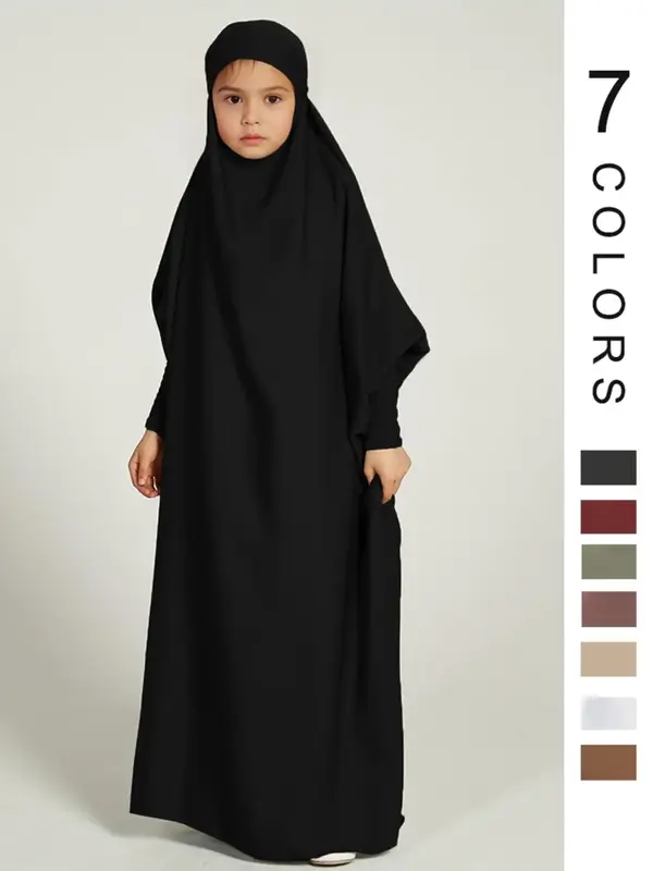 Girl's Solid Batwing Sleeve Tie Back Hoodie Abaya Dress, Modest Outfits, Casual Long Sleeve Elastic Cuff Loose Dress for Kids...