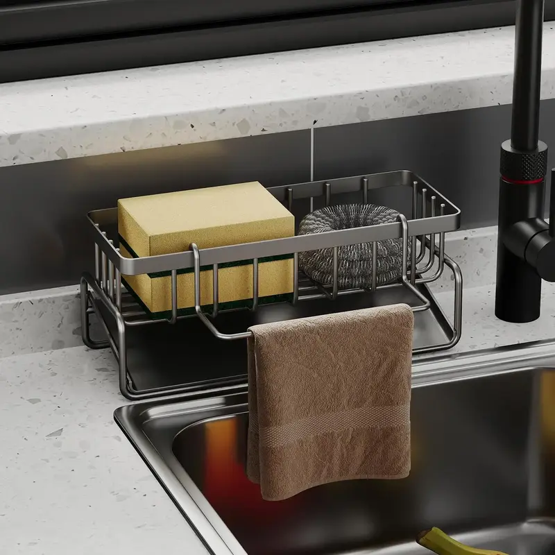 Kitchen Sink Drain Rack with Towel Pole, Carbon Steel Sponge Holder, Multifunctional Storage Rack for Kitchen Bathroom, Summ...