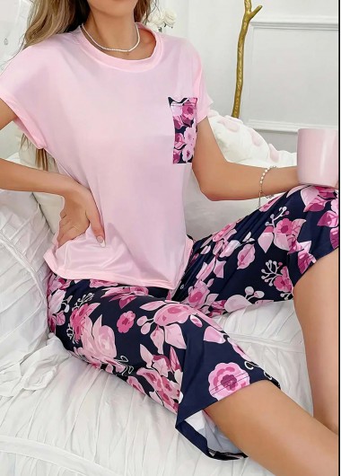 Modlily Pink Floral Print Short Sleeve Lounge Top and Pants - S
