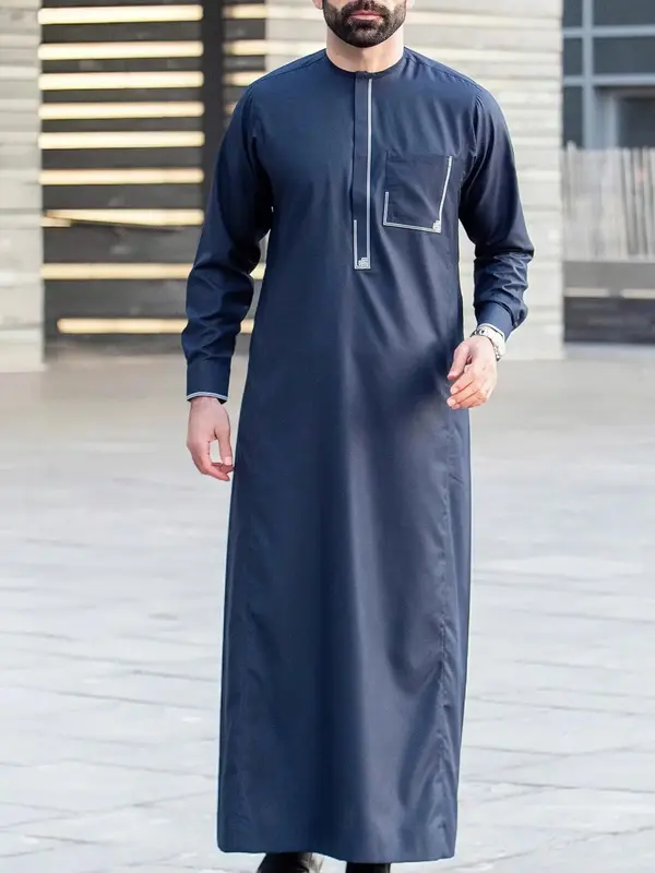 Men's Geometric Embroidery Pocket Long Sleeve Thobe, Traditional Round Neck Long Robe for Daily Wear, Men's Islamic Clothing ...