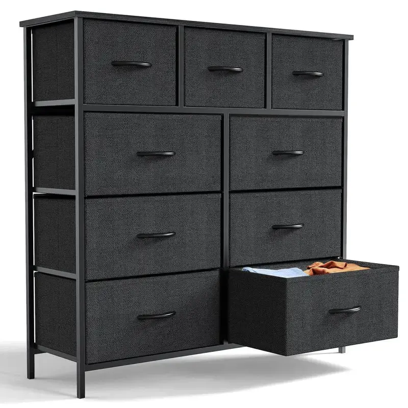 Black 9-Drawer Dresser with Wood Top and 5 & 7 Drawers, Steel Frame for Bedroom, Hallway, Living Room, Closet & Dorm Furnitur...