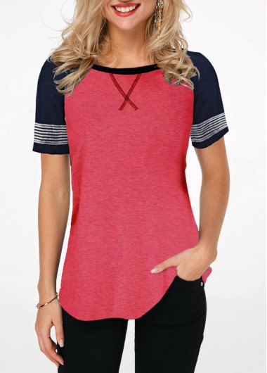 Modlily Contrast Round Neck Short Sleeve T Shirt - M