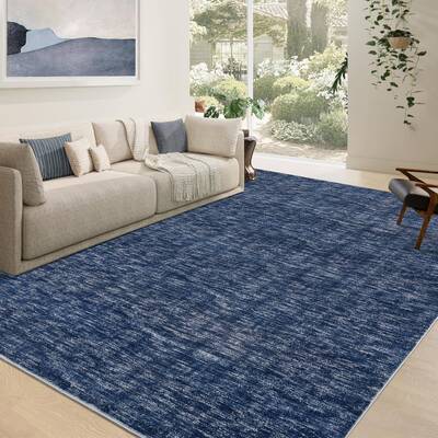 Garvee Solid Blue 10x13 Large Living Room Rug Modern Texture Stain Resistant Non Slip Low Pile Soft Folding Washable Carpet f...