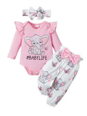 Baby Girls Elephant Pattern Romper and Pants and Headband Kids Cute Set Clothing Babygirl Clothes Products #springtok